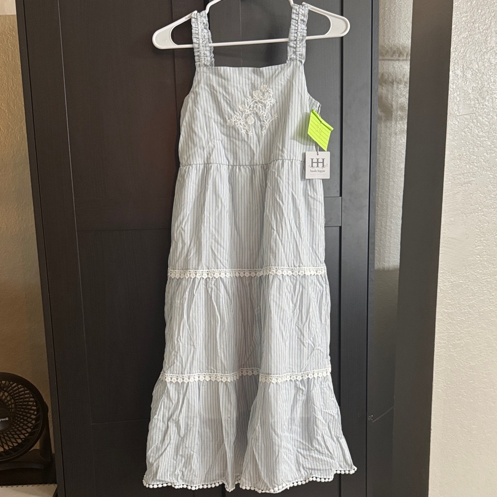 Striped Blue Kids Dress with Lace Trim